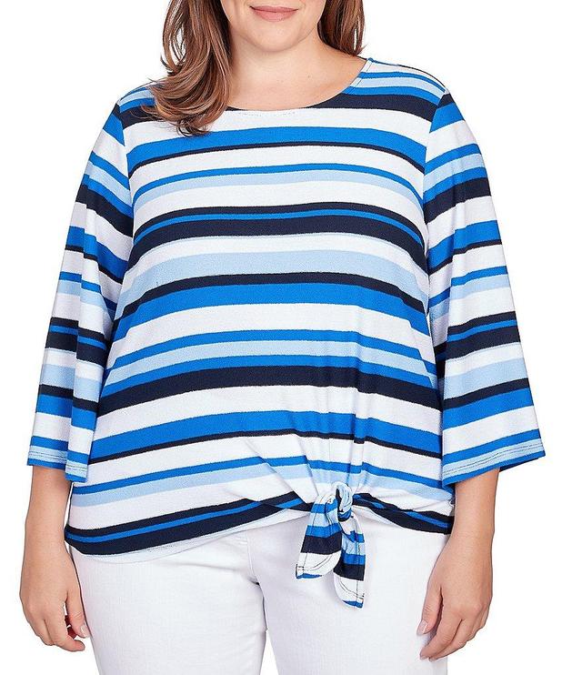 Ruby Rd. Plus Size Knit Horizon Yarn Dye Scoop Neck 3/4 Flare Sleeve Tie-Front Top Product Image