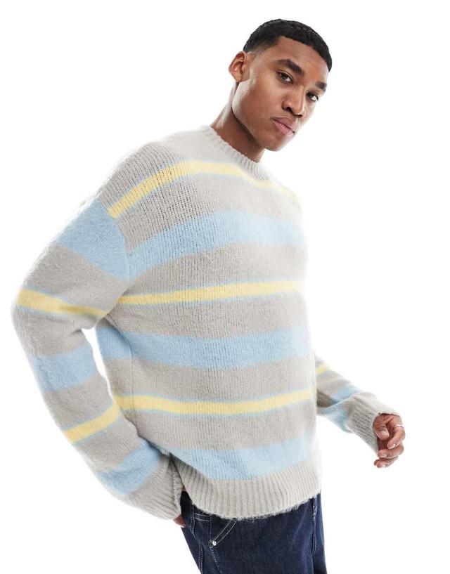 Pull&Bear fluffy stripe knitted sweater in gray Product Image