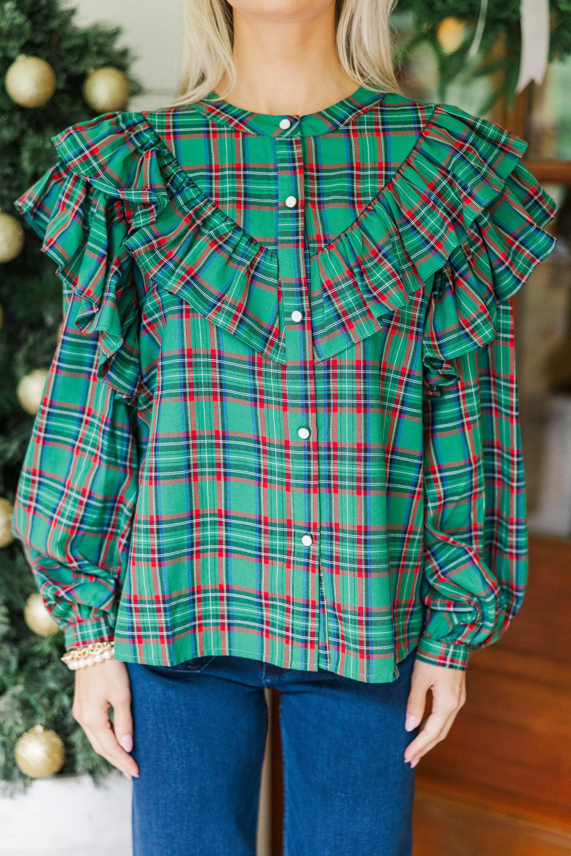 It's All Possible Green Tartan Plaid Button Down Blouse Female Product Image