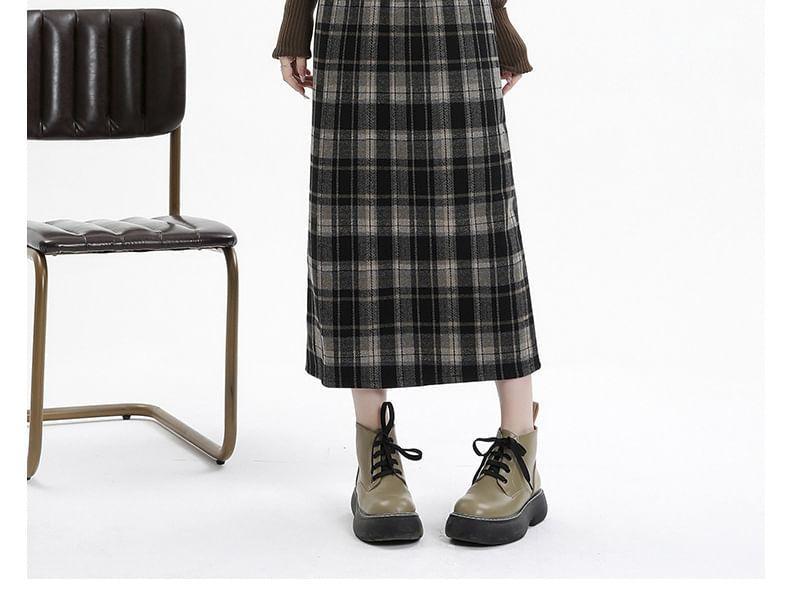 High Rise Plaid Midi A-Line Skirt Product Image