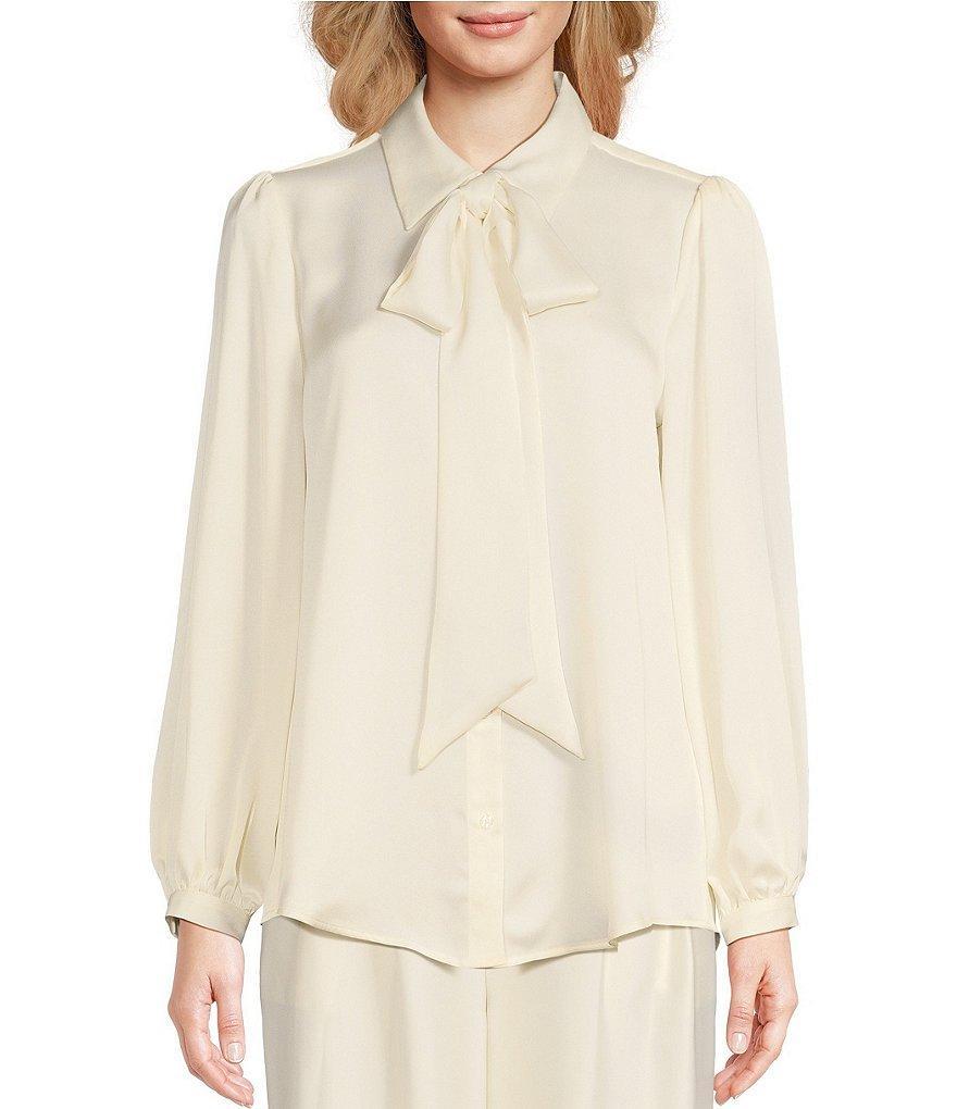 Alex Marie Sylvie Satin Point Collar Self-Tie Bow Detail Long Sleeve Button Front Blouse product image