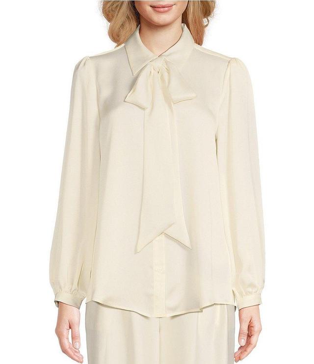 Alex Marie Sylvie Satin Point Collar Self-Tie Bow Detail Long Sleeve Button Front Blouse Product Image