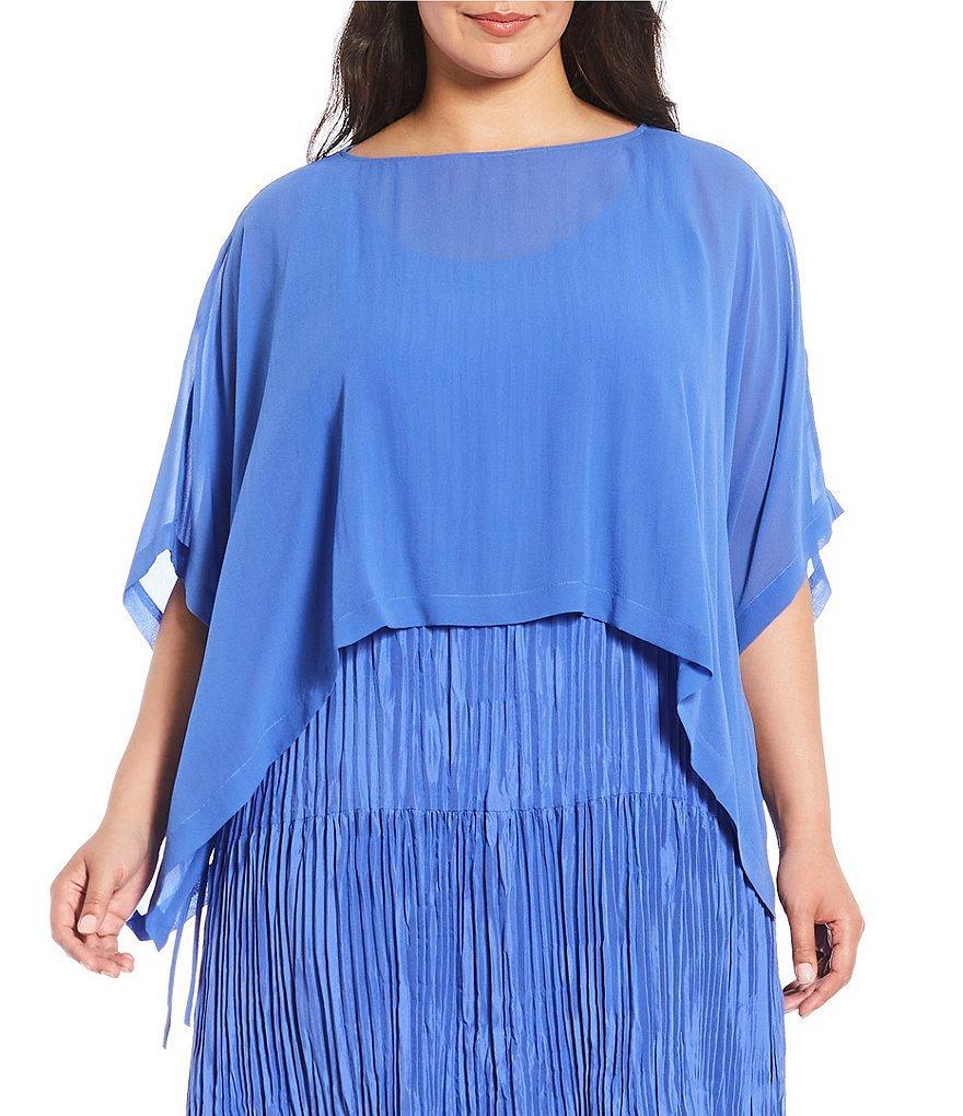 Eileen Fisher Plus Size Sheer Silk Georgette Boat Neck Short Sleeve Boxy Poncho Product Image