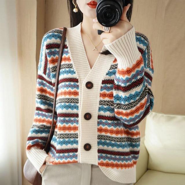 V-Neck Pattern Button-Up Cardigan Product Image