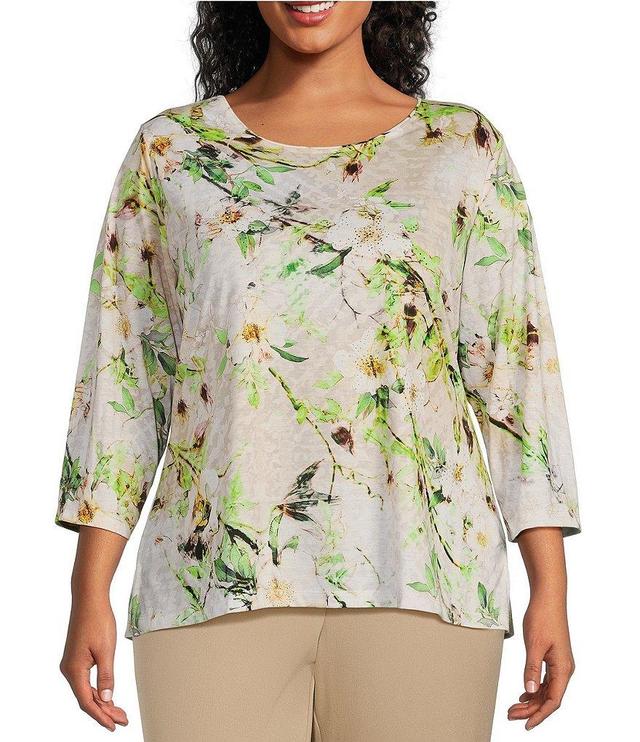 Allison Daley Plus Size Embellished Floral Branch Print 3/4 Sleeve Crew Neck Knit Top Product Image