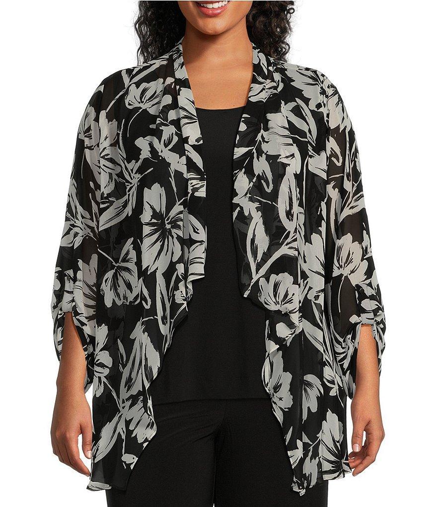 Investments Plus Size Soft Separates Floral Gestures Print Open Front Roll-Tab Sleeve Jacket Product Image