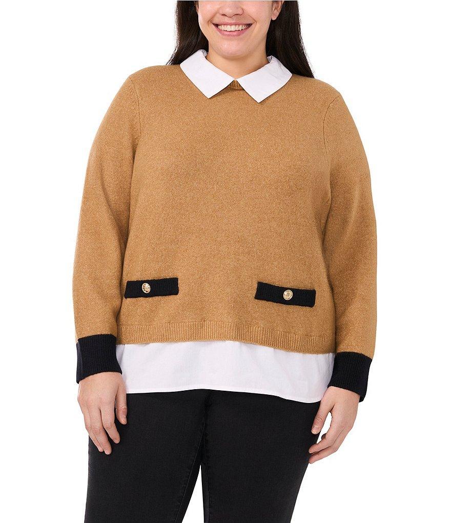 CeCe Plus Size Knit Jersey Twofer Point Collar Long Sleeve Sweater Blouse Product Image