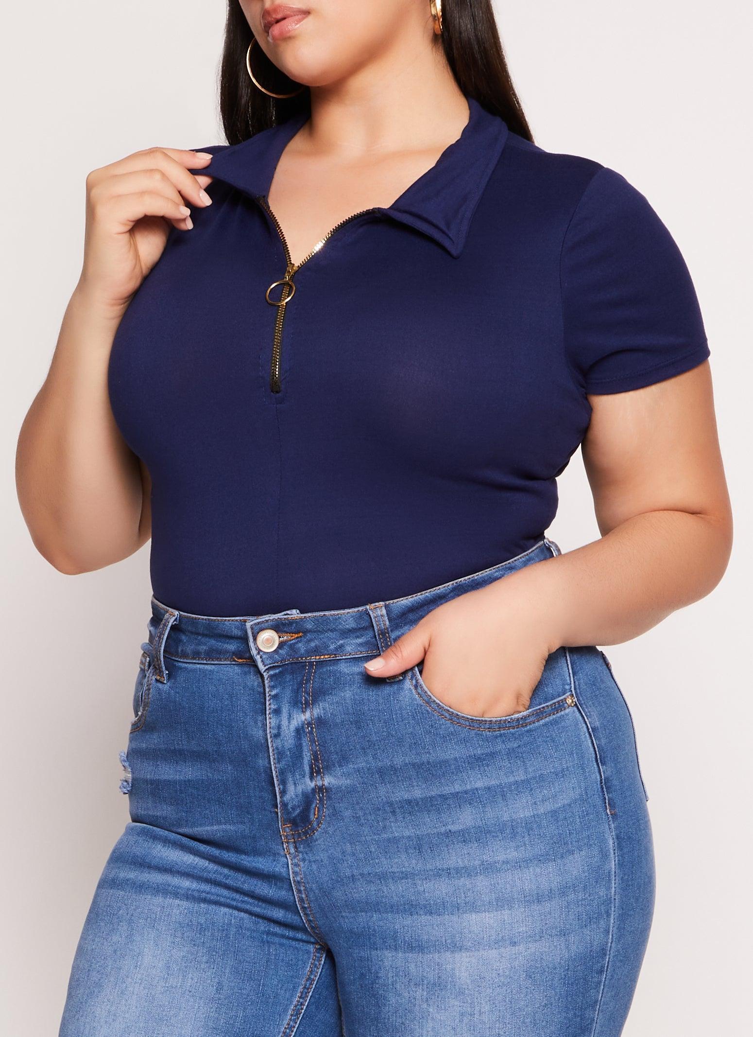 Womens Plus Size Half Zip Collared Short Sleeve Top Product Image