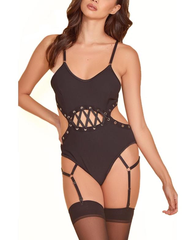 Hauty Womens Cut-Out and Grommet Eyelet Laced Bodysuit 1 Pc Lingerie - Black Product Image