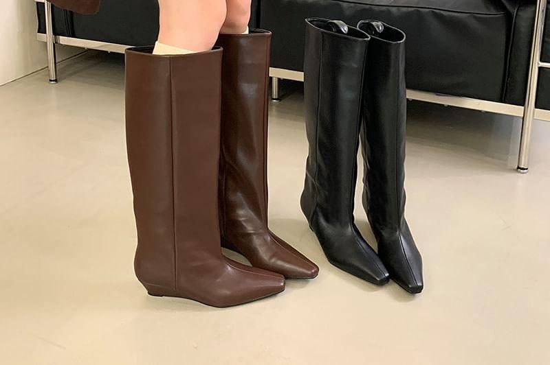 Wedge Heel Plain Faux Leather Tall Boots Product Image