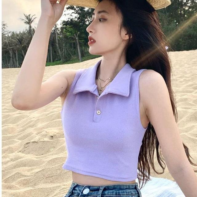 Sleeveless Plain Collared Crop Top Product Image