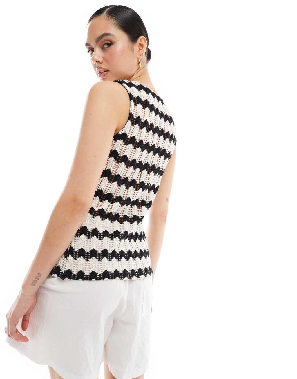 ASOS DESIGN crochet look monochrome zig zag vest in black Product Image