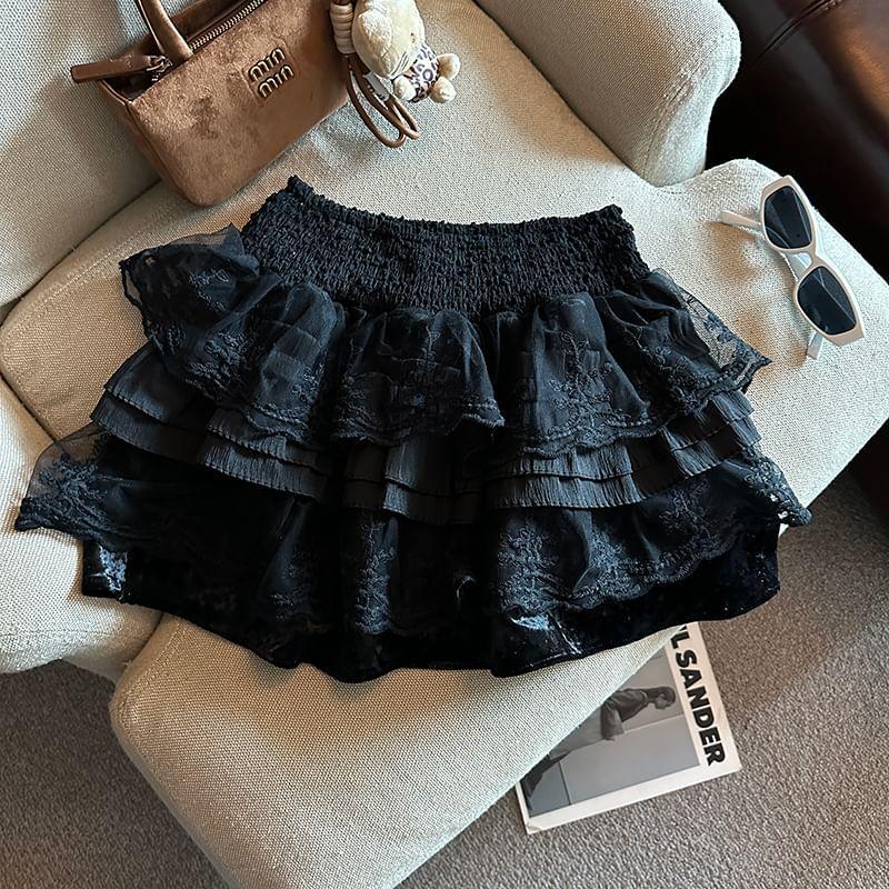 High Waist Plain Lace Panel Tiered Mini A-Line Skirt Product Image