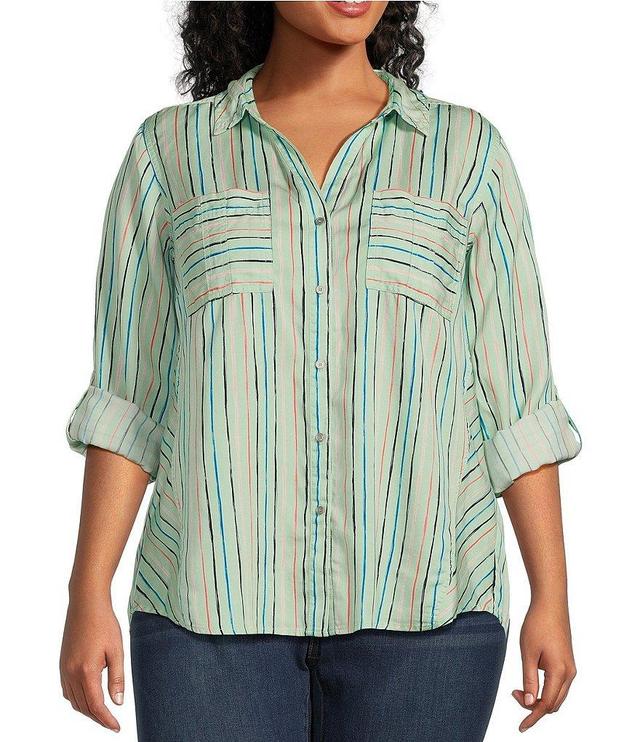 Westbound Plus Size Handrawn Stripe Woven Roll Sleeve Spread Collar Button Front Shirt Product Image