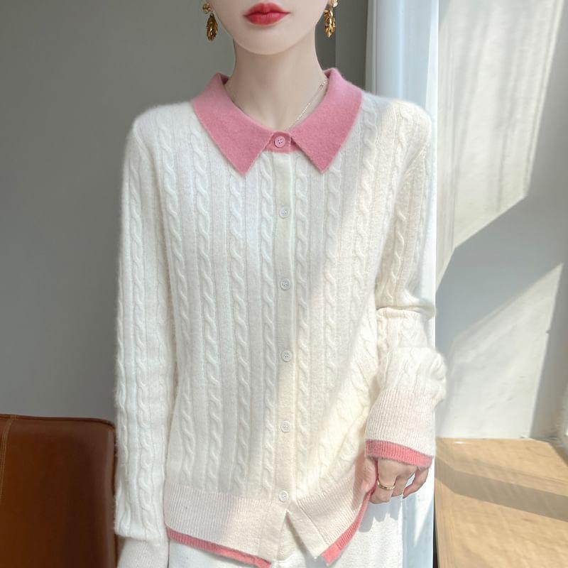 Mock Two-Piece Collared Cable Knit Cardigan Product Image