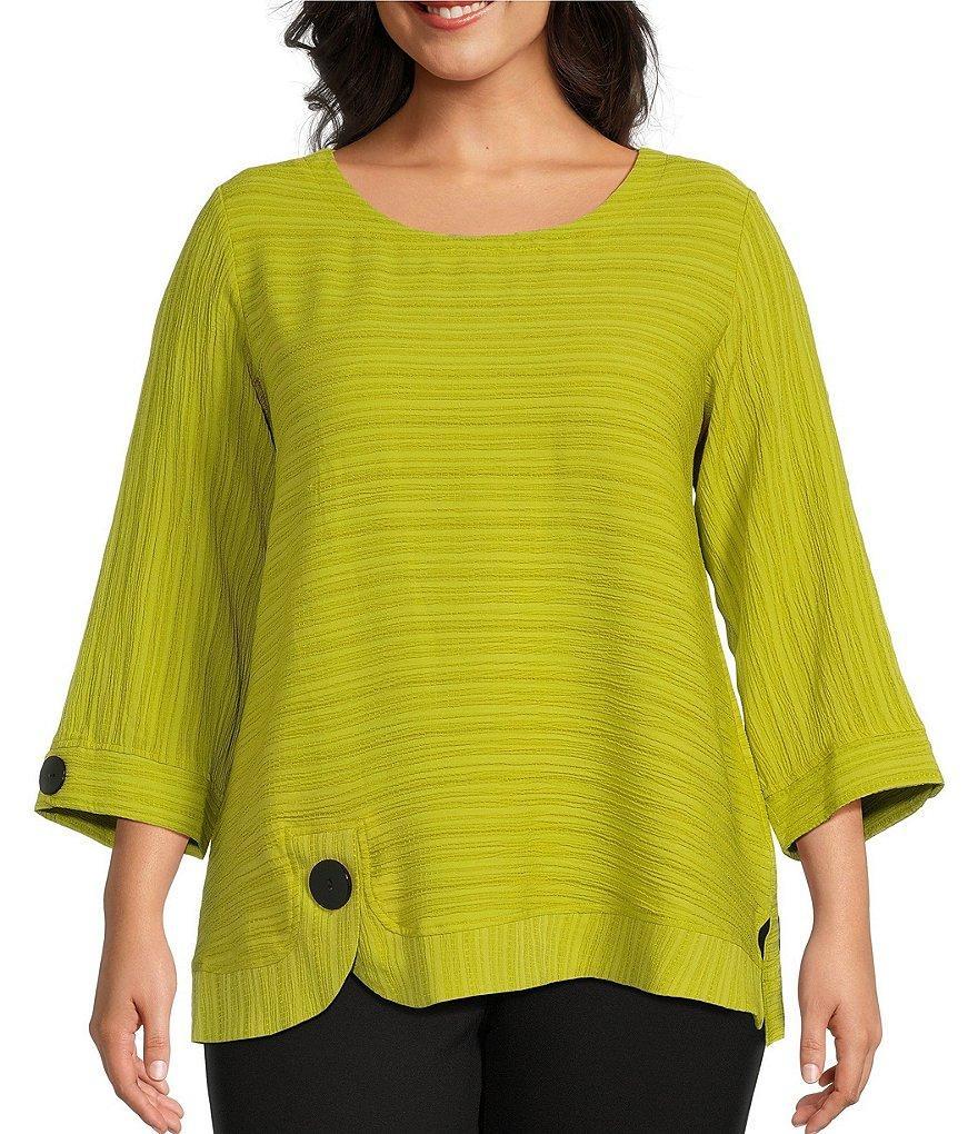 Ali Miles Plus Size Woven Textured Jacquard Scoop Neck 3/4 Sleeve Button Accent Detail Tunic Product Image