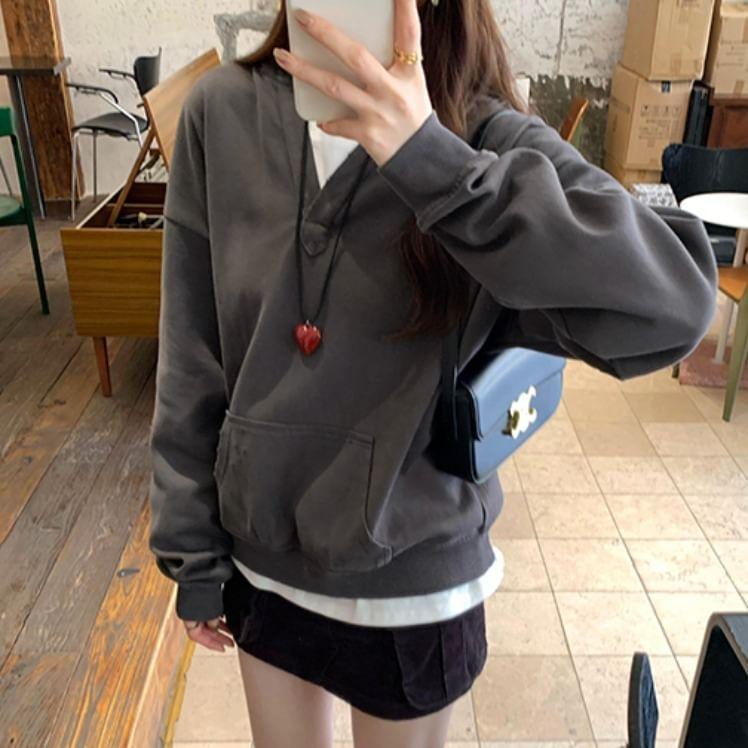 V-Neck Plain Oversized Hoodie Product Image