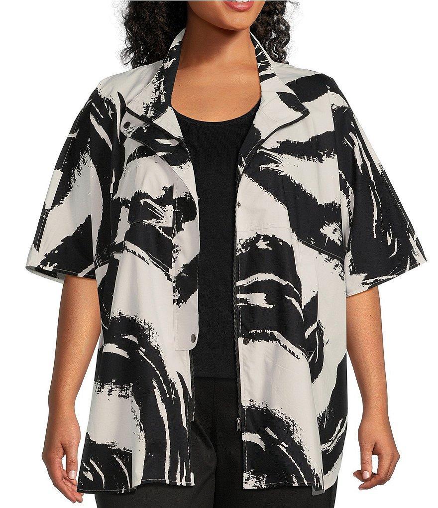 Ming Wang Plus Size Cotton Blend Woven Abstract Print Mock Neck Open Front Short Dolman Sleeve Poncho Jacket Product Image