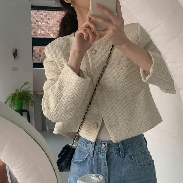 Round Neck Plain Tweed Crop Button Jacket Product Image