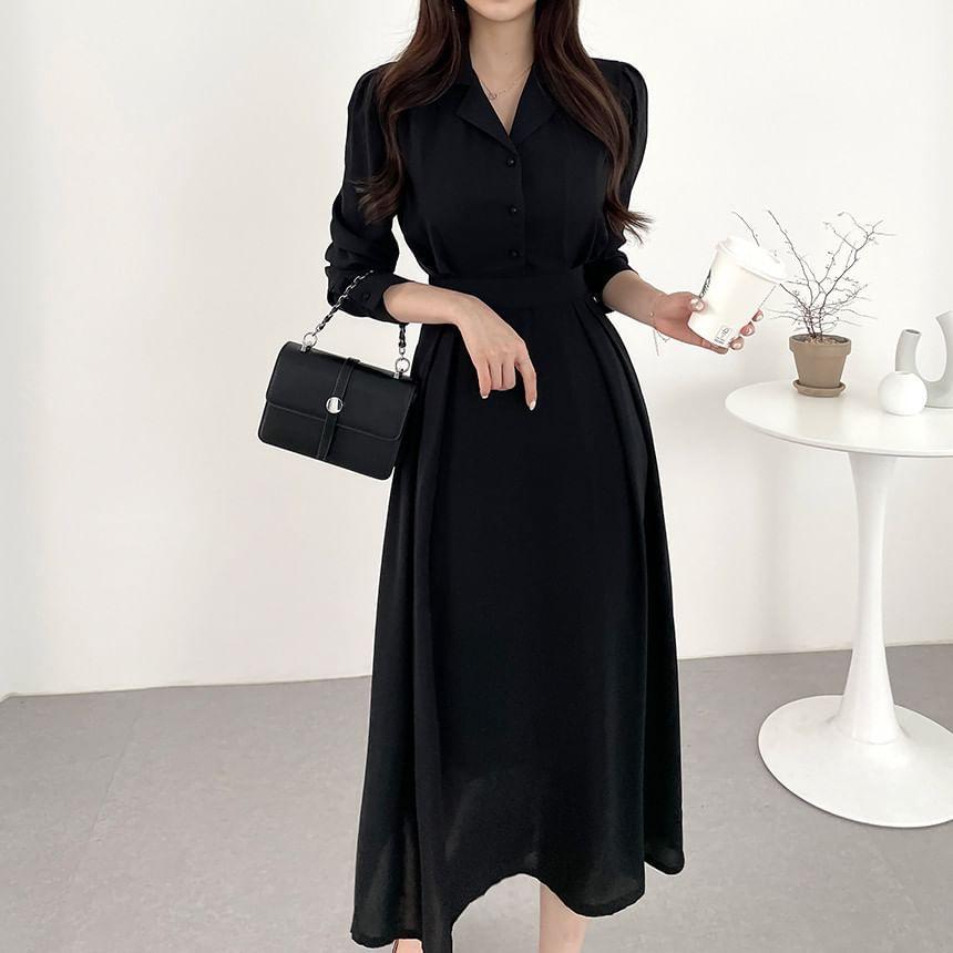 Long-Sleeve Plain Midi A-Line Shirt Dress Product Image