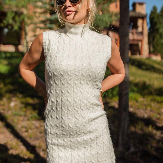 All Your Love Ivory Turtleneck Cable Knit Sweater Dress Product Image