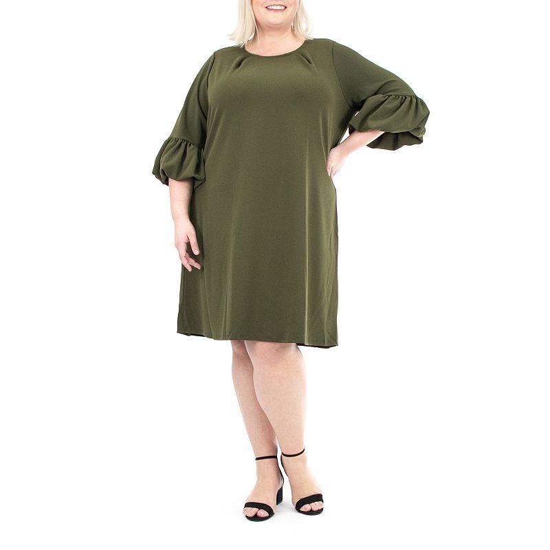 Plus Size Nina Leonard Balloon-Sleeve Crepe Swing Dress, Womens Blue Product Image