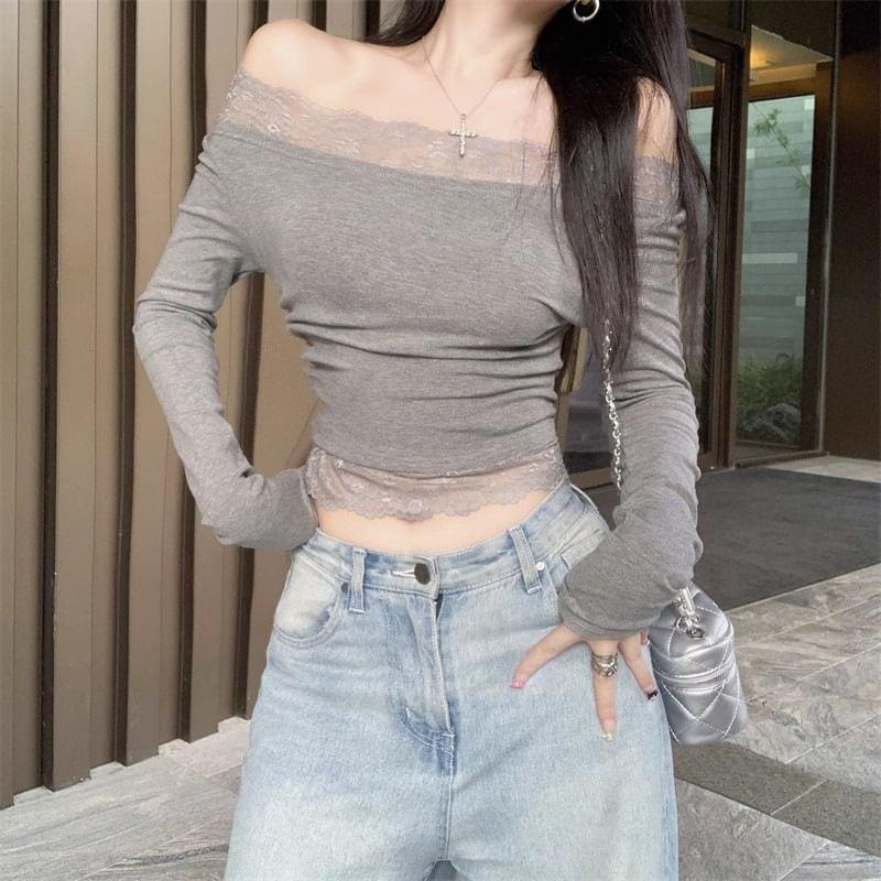 Long Sleeve Off Shoulder Plain Lace Trim Ruched Crop Top Product Image