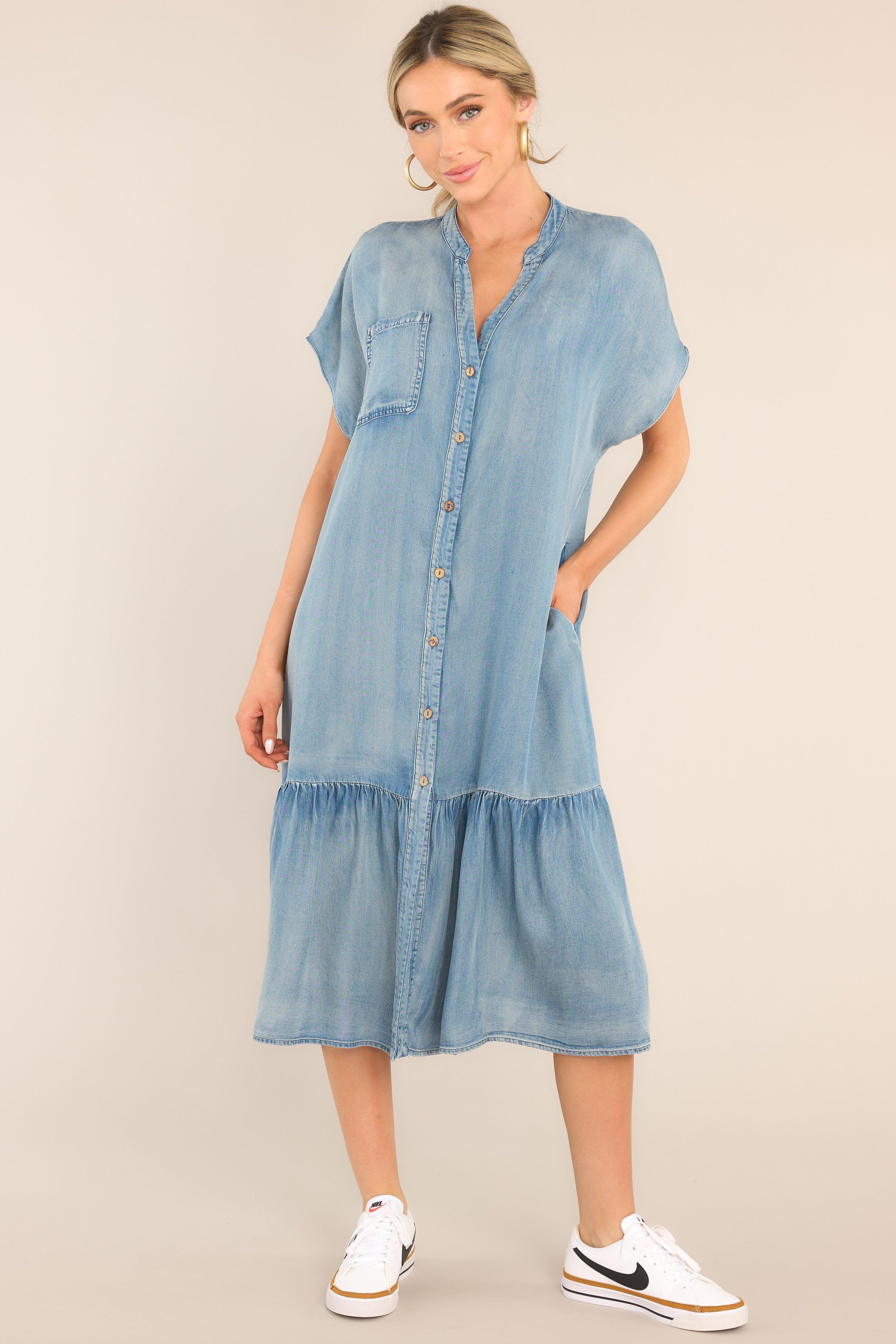 Another Crush Chambray Midi Shirt Dress Blue Product Image