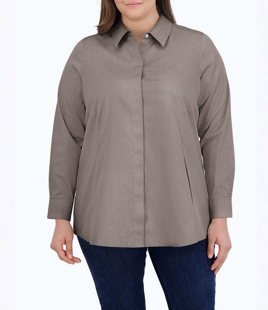 Foxcroft Plus Size Cici Solid Non-Iron Pinpoint Oxford Long Sleeve Point Collar Button Front Tunic Product Image