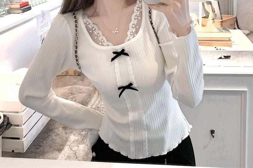 Long Sleeve Lace Panel Bow Accent Ruffled-Trim Ribbed-Knit Top Product Image