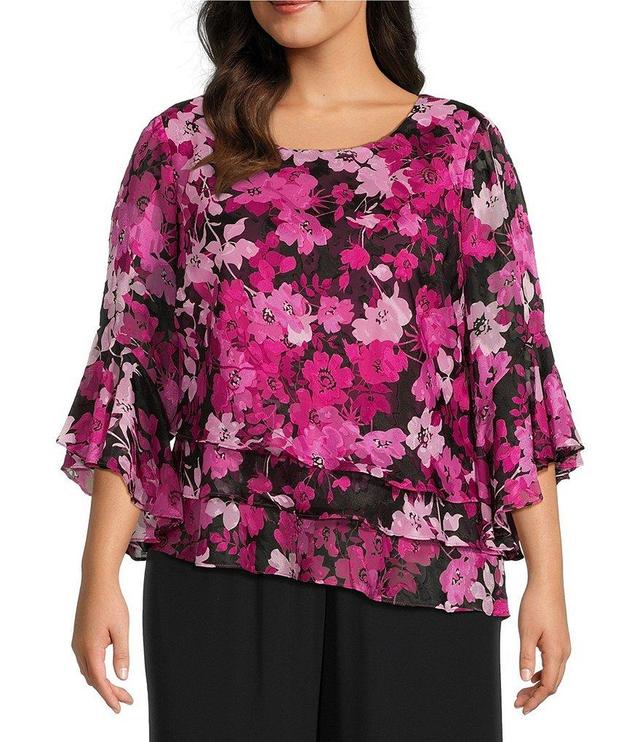 Alex Evenings Plus Size 3/4 Bell Sleeve Scoop Neck Asymmetrical Triple Tier Hem Floral Blouse Product Image