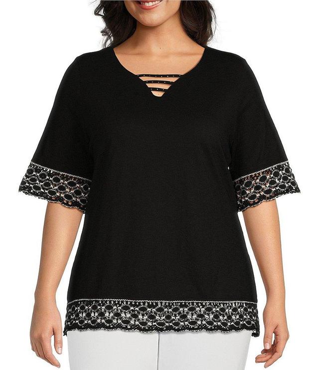 Allison Daley Plus Size Crochet Detail Short Sleeve V-Neck Knit Top Product Image