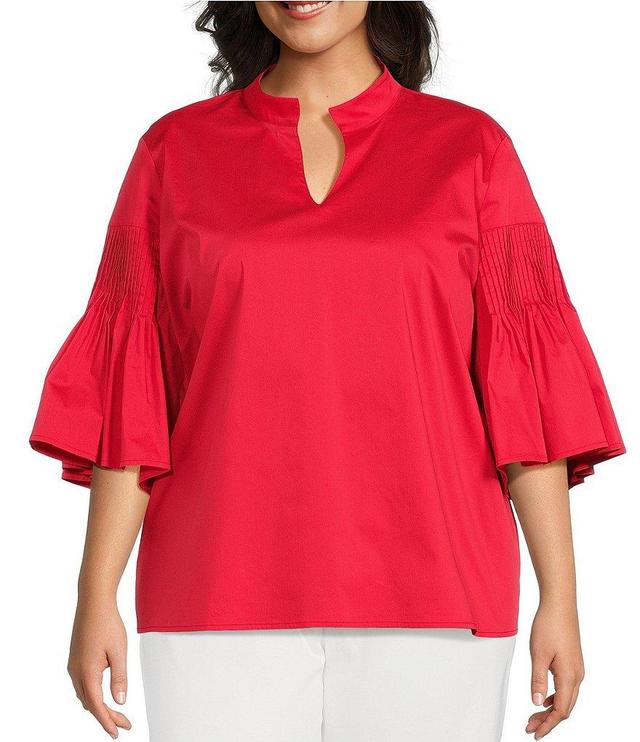 Ming Wang Plus Size Cotton Blend Stand Split V-Neck 3/4 Pleated Bell Sleeve Blouse Product Image