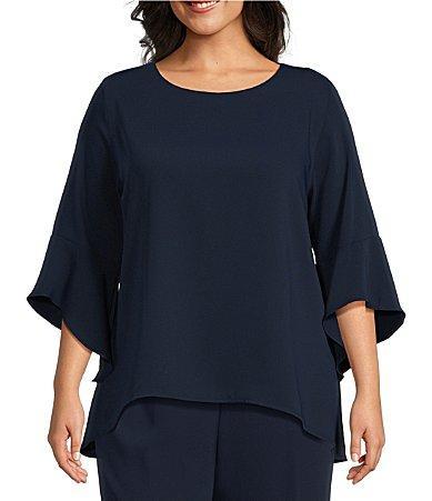 Caroline Rose Plus Size Julia Matte Crepe Round Neck 34 Ruffled Sleeve High Product Image