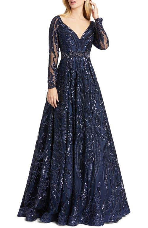 Mac Duggal Damask Sequin Long Sleeve Ballgown Product Image