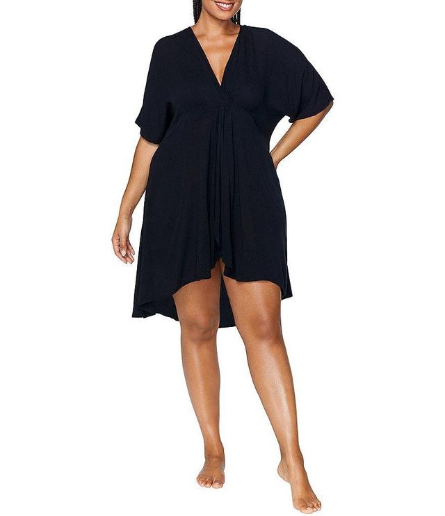 Raisins Curve Plus Size Paraiso Solid Draped V-Neck Hi-Low Hem Cover-Up Dress Product Image