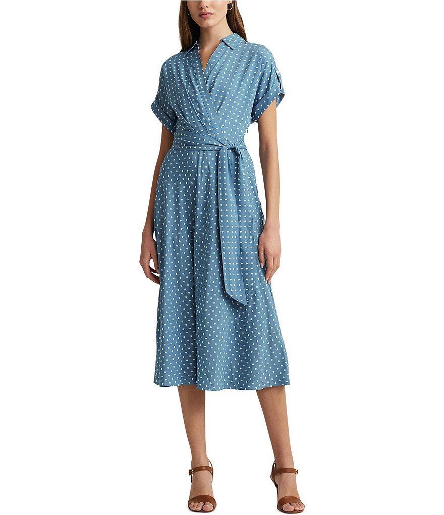 Lauren Ralph Lauren Polka-Dot Spread Collar Short Sleeve Tie Waist Midi Dress product image