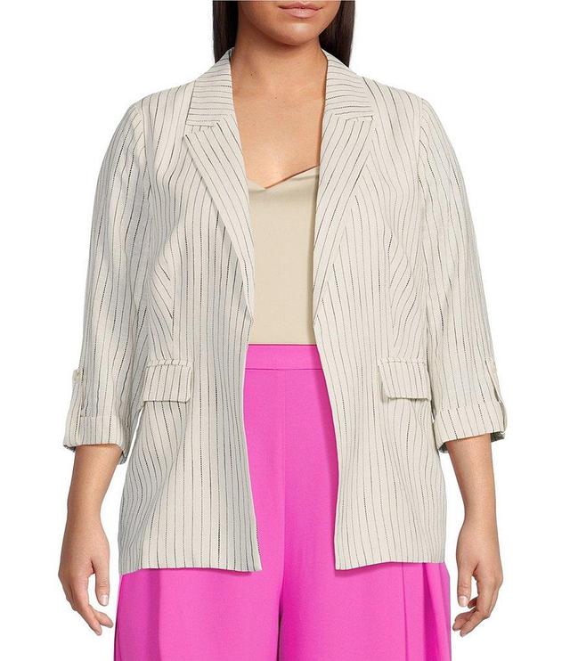 Skies Are Blue Plus Size Woven Striped Notch Lapel Long Sleeve Blazer Product Image