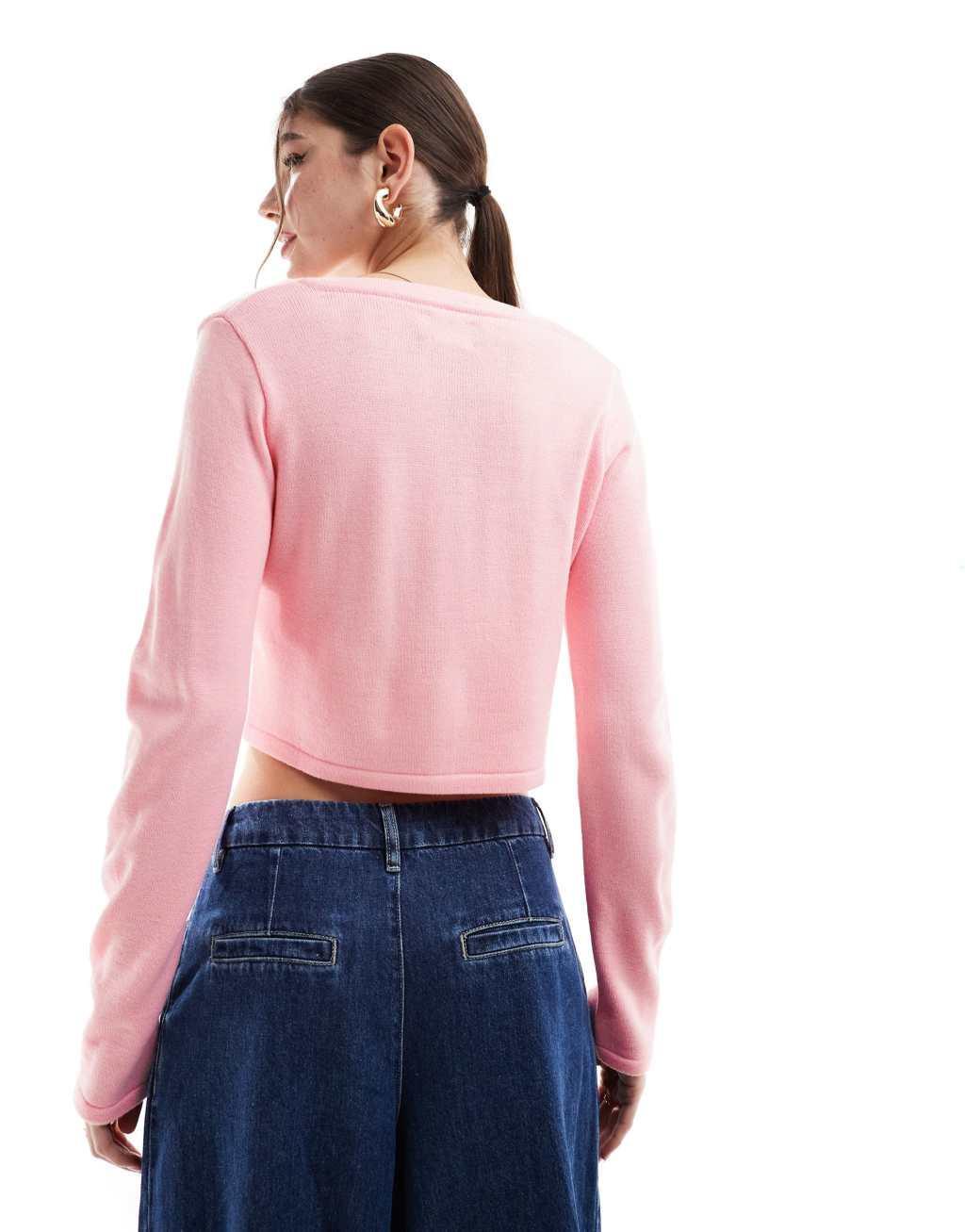 ASOS DESIGN knit crew neck cropped cardigan in pink Product Image