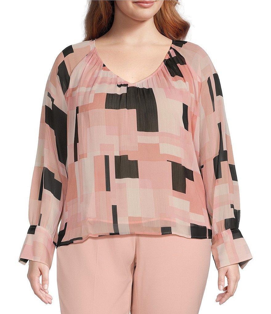 Calvin Klein Plus Size Printed Woven V-Neck Cuffed Long Sleeve Blouse product image