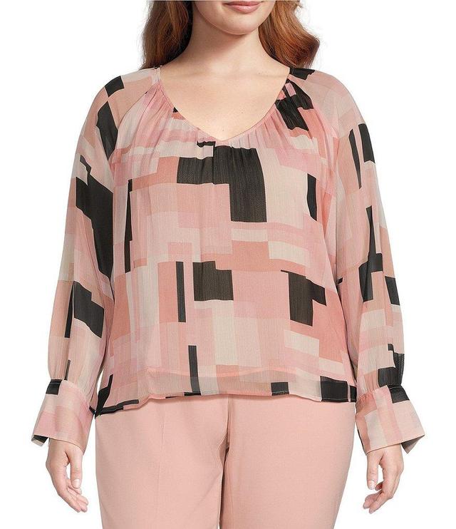 Calvin Klein Plus Size Printed Woven V-Neck Cuffed Long Sleeve Blouse Product Image