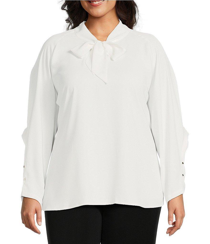 Ming Wang Plus Size Crepe De Chine Mock Tie Neck Long Raglan Sleeve Blouse product image