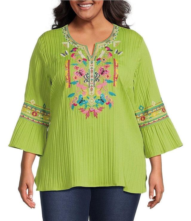 Calessa Plus Size Woven Embroidered Split Round Neck 3/4 Ruffle Sleeve Tunic Product Image