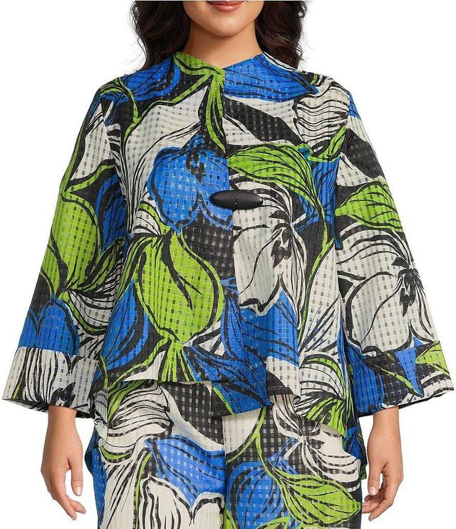 IC Collection Plus Size Woven Mesh Abstract Floral Print High Neck Long Sleeve Asymmetric Coordinating One Button-Front Jacket Product Image