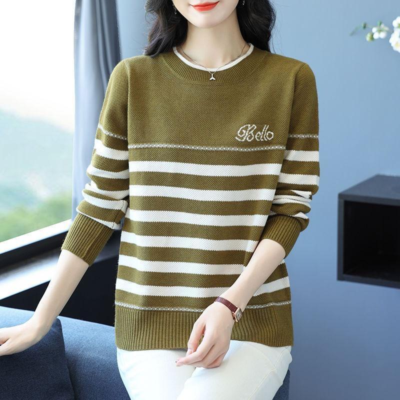 Long-Sleeve Crewneck Striped Knit Top Product Image