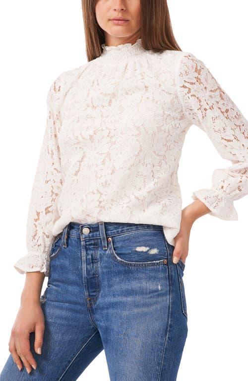 Soft Ecru Lace Smocked Mock Neck Top - Women Product Image