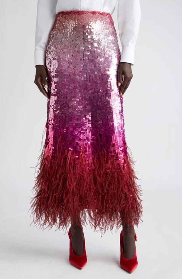 Feather-trimmed Tulle Midi Skirt In Pink Product Image