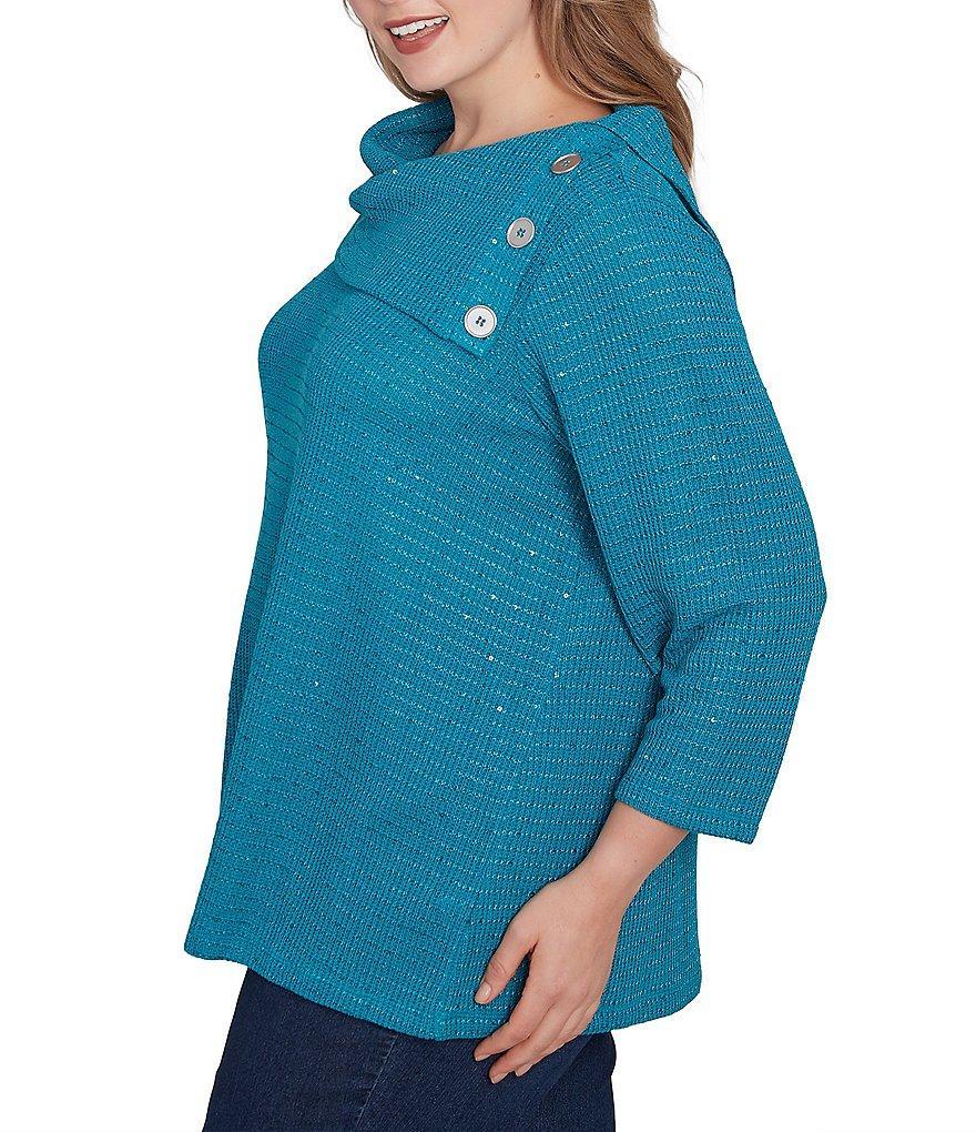 Ruby Rd. Plus Size Cozy Knit Split Cowl Neck 3/4 Sleeve Sequin Top Product Image