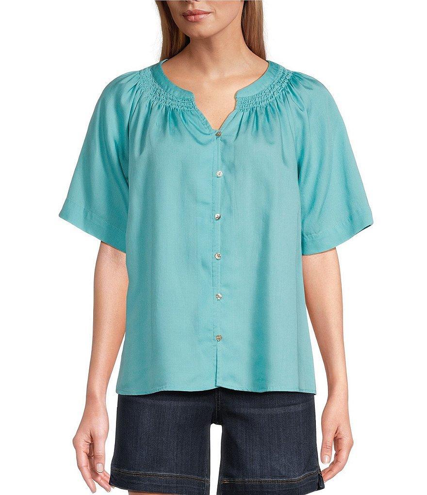 Westbound Woven Short Sleeve Y-Neck Button Front Top Product Image