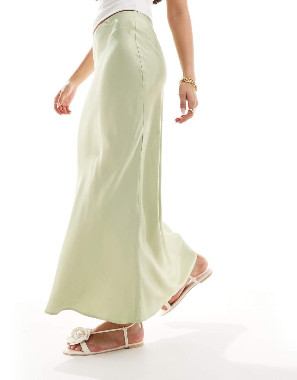 Stradivarius satin midi skirt in washed green  Product Image